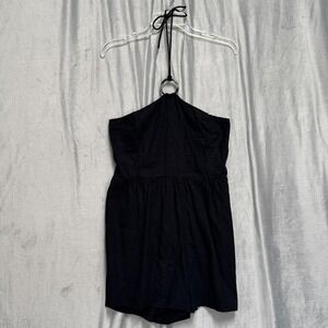 Old Navy Romper Womens Large Black Halter Neck Linen Blend Pockets Smocked Back